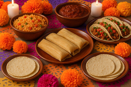 Day of the dead celebration table with traditional mexican foods including tamales and tacos surrounded by marigold flowers. concept of cultural heritage, festive gathering, mexican cuisine