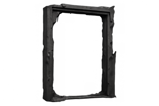 Damaged black wooden window or door frame showing destruction and loss after fire attack, transparent background