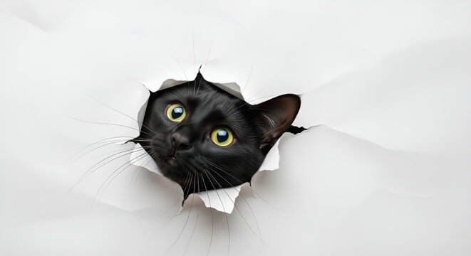 A black cat with big green eyes peeking cutely through torn white paper, showing a curious and adorable expression. - Powered by Adobe