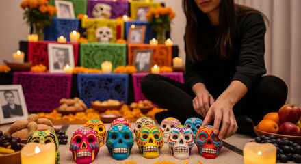 Colorful day of the dead altar with decorated skulls and candles for dia de los muertos celebration. concept of mexican tradition, cultural heritage, remembrance