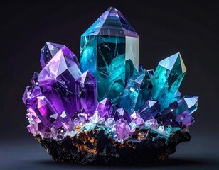 A cluster of radiant, prismatic crystals atop dark, rocky base