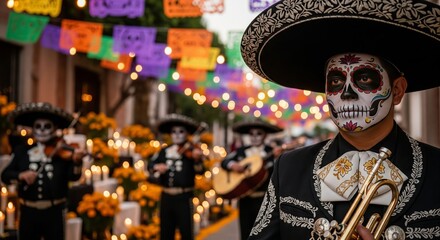 Traditional day of the dead celebration with mariachi musicians and candlelit decorations in a vibrant street setting. concept of mexican culture, festive atmosphere, cultural heritage