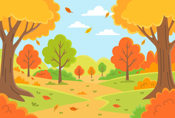 Autumn Forest Path with Colorful Trees &ndash; Vector Landscape
