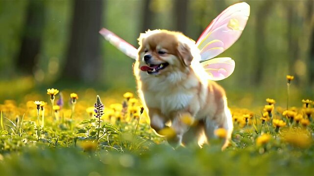 Playful Pomeranian with delicate pink fairy wings leaping across a sunlit meadow filled with yellow flowers beneath a forest backdrop