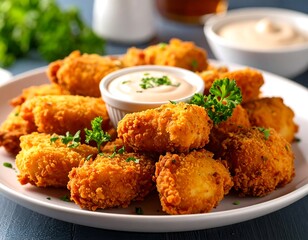Crispy fried chicken bites with creamy dipping sauce