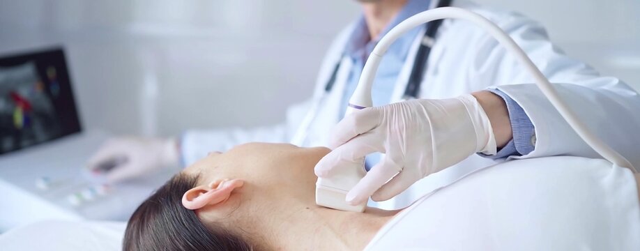 Doctor man wearing blue medical gloves is using ultrasound equipment on neck of female patient lying down for a medical examination