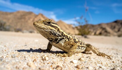 Fototapeta premium Desert lizard stands on sandy ground, sunny sky, background mountains