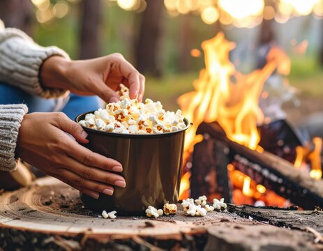 Person Enjoying Popcorn Near a Campfire with Warm Lighting in a Forest Setting