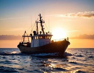 Fototapeta premium Silhouette of a Fishing Boat at Sunset on the Ocean with Golden Light and Rippling Water