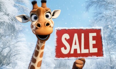 Naklejka premium Cute cartoon giraffe cheering, holding a red 'sale' sign covered in snow, celebrating seasonal discounts during christmas and winter holidays