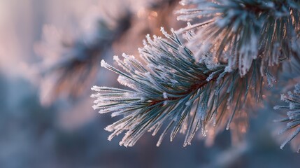 Frosted pine branches with ice crystals. Soft winter morning light