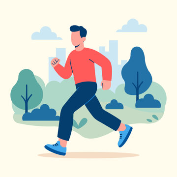 Man Jogging in City Park - Flat Illustration