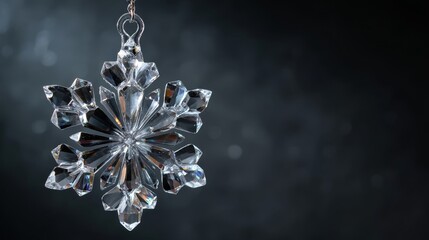Fototapeta premium Crystal snowflake ornament. Transparent glass against dark background