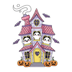 Whimsical pastel haunted house illustration with cute cartoon ghosts and bats under a dusky twilight sky perfect for Halloween-themed designs and