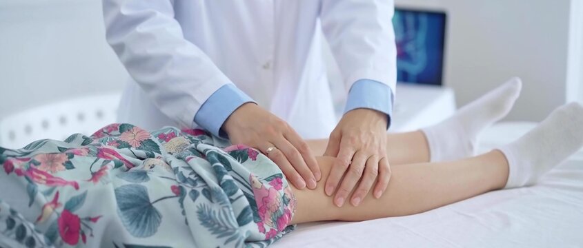 Doctor and kid patient. Orthopedist examining girl's knee in medical clinic. Medicine and health care