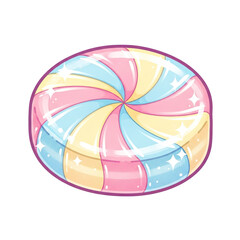 Whimsical Pastel Swirl Lollipop Candy with Sparkling Highlights and Soft Blurred Rainbow Gradient Background Perfect for Sweet Treat Branding and