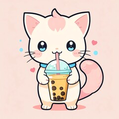 A kawaii cat drinks bubble tea with a pink straw