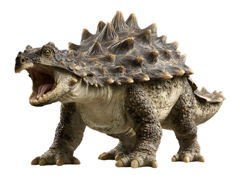 Fierce Ankylosaurus dinosaur roaring with open mouth, ancient reptile, prehistoric creature, powerful defense