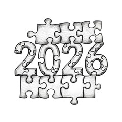 Year Twenty Twenty Six Puzzle Concept Hand Drawn Stippled Illustration of Numbers Forming a Jigsaw Assembly on a Soft Gradient Background