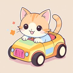 A kawaii orange and white cat drives a yellow toy car
