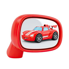 Vibrant red sports car with white racing stripes reflected in a side-view mirror showcasing its cheerful design and aerodynamic spoiler set against a