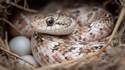 Fototapeta premium Snake coils around eggs in a nest of natural materials.
