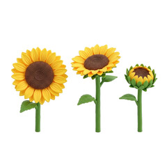 Obraz premium Three Stylized Sunflowers in Various Stages of Bloom Captured in a Detailed 3D Render with Vibrant Yellow Petals and Green Stems Set Against a Soft
