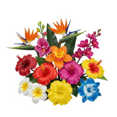 Vibrant Tropical Floral Arrangement featuring Strelitzia Birds of Paradise Orchids Hibiscus and Plumeria blossoms showcasing an array of intense