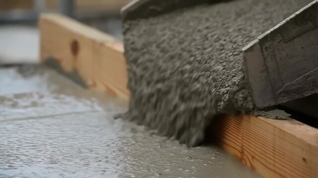 Concrete pouring into wooden formwork at a construction site