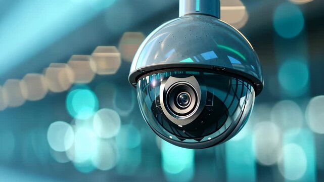 Security Surveillance: A close-up view of a sleek, modern security camera, emphasizing its watchful lens, promises safety and protection in an urban setting. 