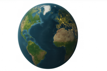 Earth globe showing day and night with glowing city lights and continents on a transparent background