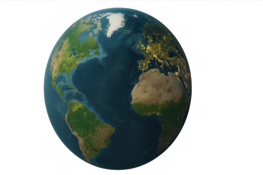 Earth globe showing day and night with glowing city lights and continents on a transparent background - Powered by Adobe