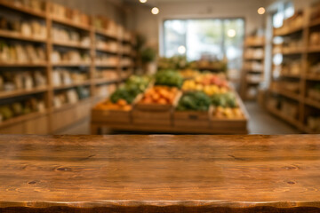 Empty Rustic wooden table with blurred organic grocery store interior background, showcasing fresh vegetables and natural produce in a warm, cozy market atmosphere, perfect for food display mockups.