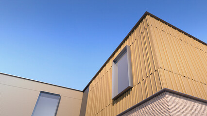 Modern Wood Facade and Sky Abstract: Warm Timber Slats and Clean Lines for Contemporary Building Design Visuals for Interior Decor Magazines, Architecture Firm Portfolios & Housing Development Mockups