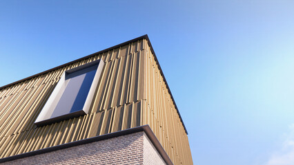Modern Wood Facade and Sky Abstract: Warm Timber Slats and Clean Lines for Contemporary Building Design Visuals for Interior Decor Magazines, Architecture Firm Portfolios & Housing Development Mockups