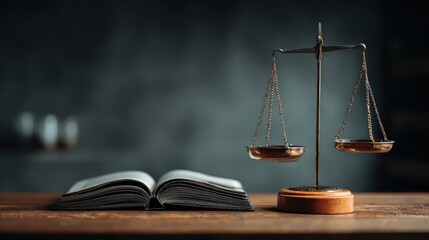 Justice scales stand near an open book on a wooden table.