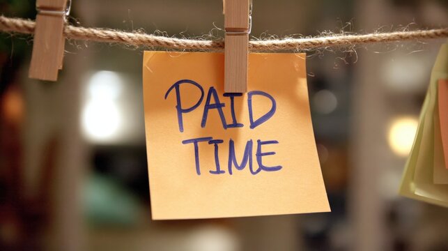 Orange note on clothesline reads "PAID TIME" with wooden clothespins.