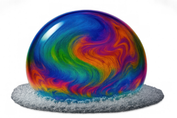 Iridescent soap bubble creating psychedelic rainbow swirl patterns on a foamy base, transparent background