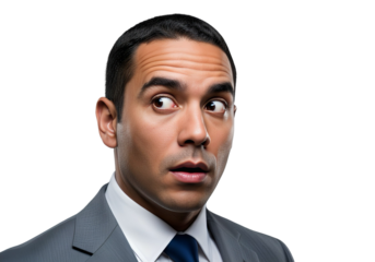 Surprised businessman looking to the side, astonished facial expression isolated on white background