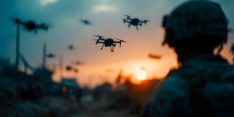 Drones in Action: A soldier observes a swarm of drones in flight during a sunset patrol, set against a backdrop of a quiet landscape 