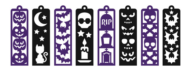 Set of 8 vertical bookmark designs with Halloween pattern. Vector laser cut template. Spooky autumn holiday bookmark stencil for paper, wood and metal cutting