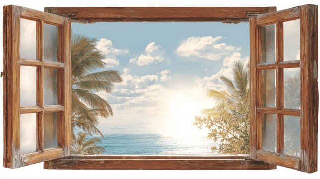 Open window reveals tropical ocean view with palm trees.