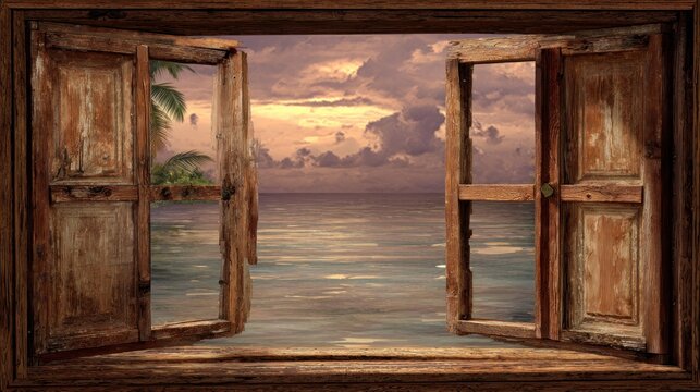 Open wooden window reveals tropical ocean sunset with palm trees.