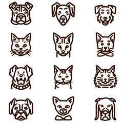 Fototapeta premium Collection of simple line art icons featuring dog and cat faces.