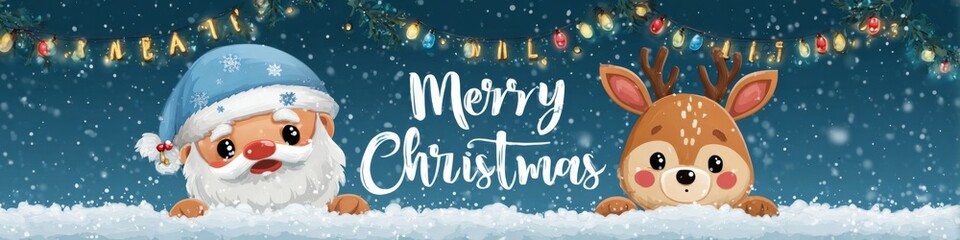 Naklejka premium Cute Animated Characters Celebrate the Joyous Spirit of Christmas with Santa Claus and a Reindeer Surrounded by Snow and Holiday Lights