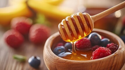 Honey drizzling over fresh berries in a wooden bowl.