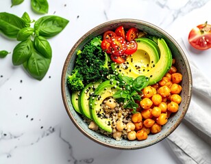Healthy Food Bowl with Avocado Broccoli Tomatoes Quinoa and Chickpeas on White Marble Background