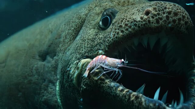 Fascinating symbiotic relationship captured in macro slow motion. A cleaner shrimp meticulously cleans the mouth and gills of a large moray eel.