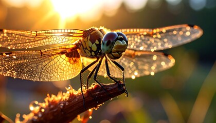 A close-up of a dragonfly with iridescent wings, backlit by the sun