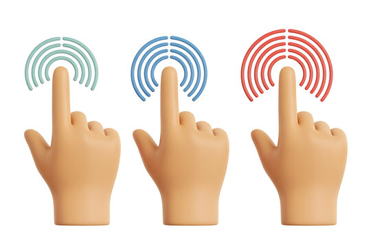 Three hands press circular, colorful buttons, suggesting interaction and digital selection.